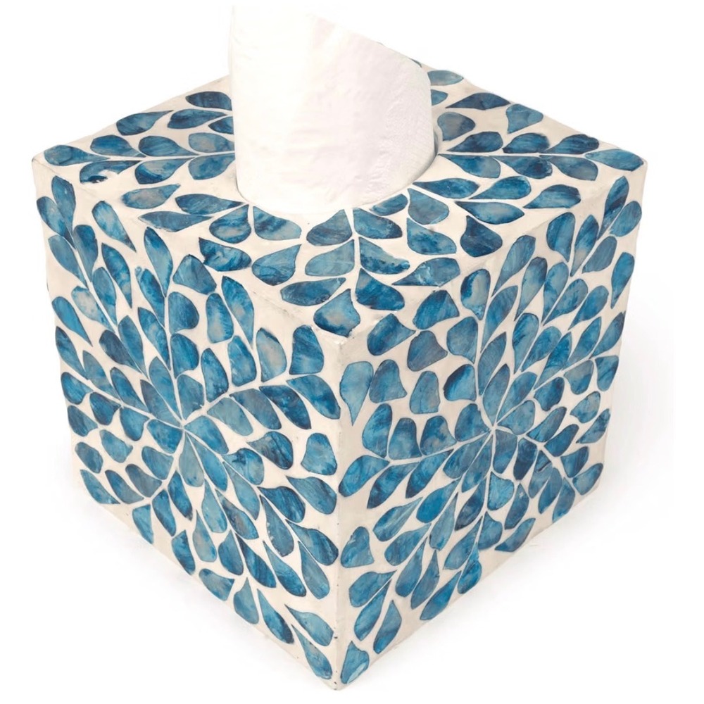 Blue Mother of Pearl Mosaic Tissue Box Cover Square Coastal Shell Decor 5.9in
